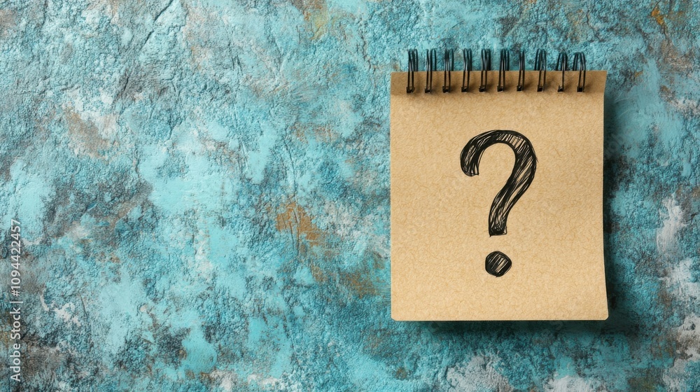 Note paper with a question mark displayed on a panoramic blue background Note paper with a question mark displayed on a panoramic blue background
