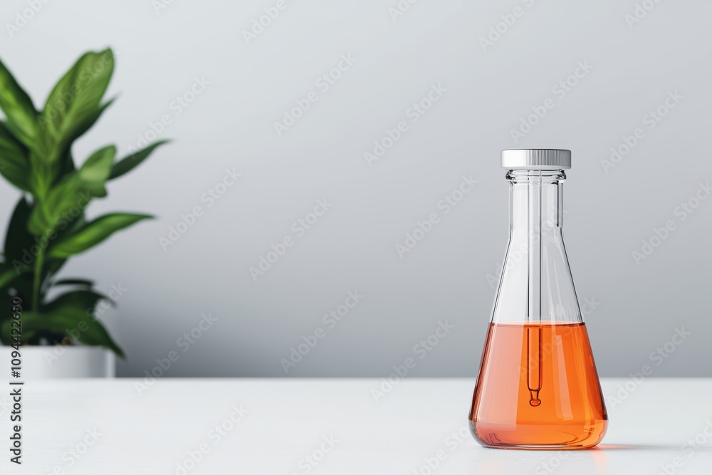Concept of blood test is the main step in diagnosis. A clear glass flask with orange liquid sits on a white table, accompanied by a green plant in the background. Concept of blood test is the main step in diagnosis. A clear glass flask with orange liquid sits on a white table, accompanied by a green plant in the background.