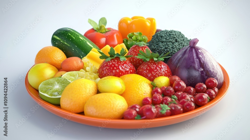 A vibrant array of fresh fruits and vegetables composed artfully on a plate, showcasing nature's bounty in a spectrum of colorful hues. A vibrant array of fresh fruits and vegetables composed artfully on a plate, showcasing nature's bounty in a spectrum of colorful hues.