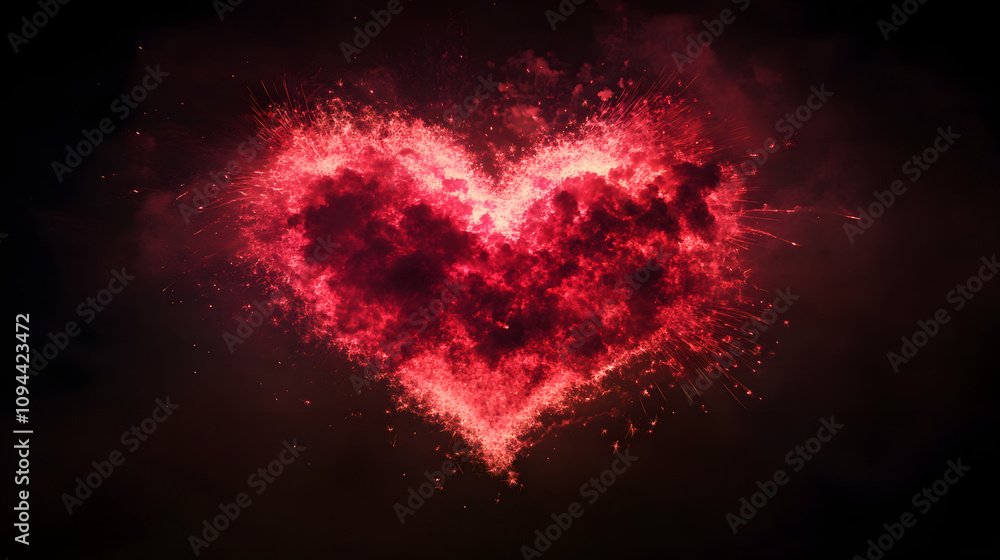 Fireworks exploding into a heart-shaped design glowing red and pink in the dark sky. Fireworks exploding into a heart-shaped design glowing red and pink in the dark sky.