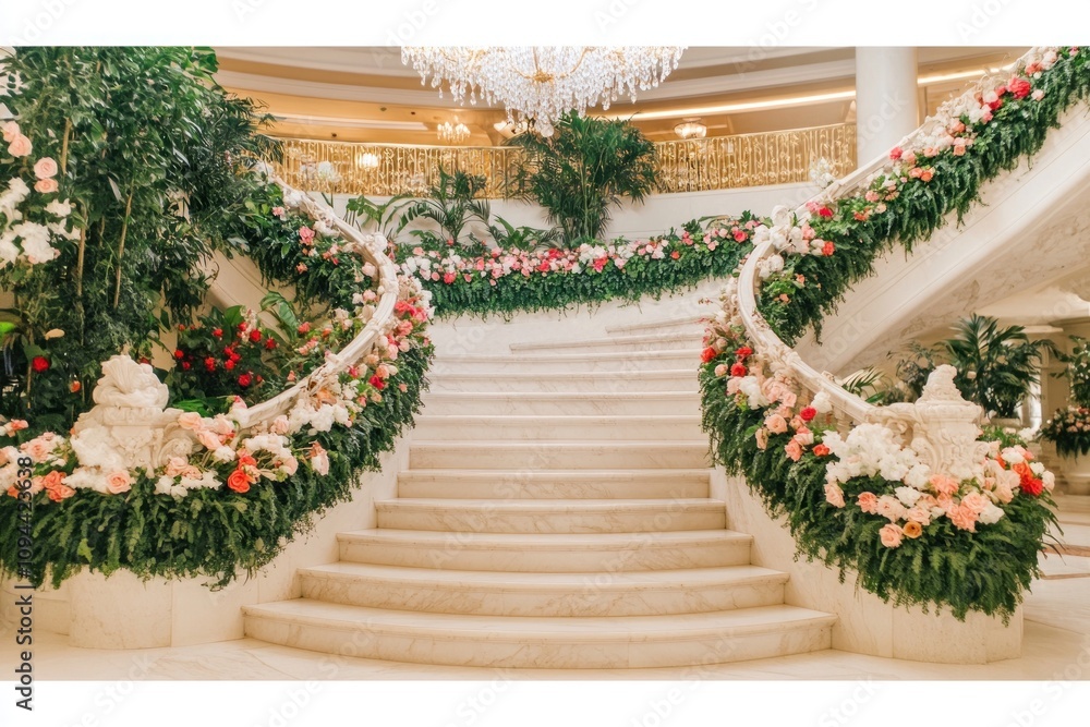 Fototapeta premium Elegant staircase adorned with lush flowers and greenery, creating a luxurious atmosphere.
