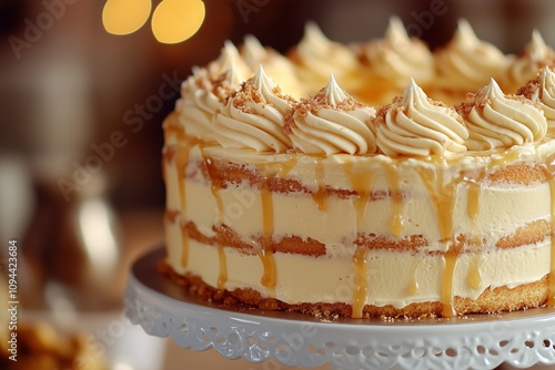 Decadent Slice of Butterscotch Layer Cake with Rich Cream Frosting and Crumbly Topping, Perfectly Presented for a Sweet Indulgence
