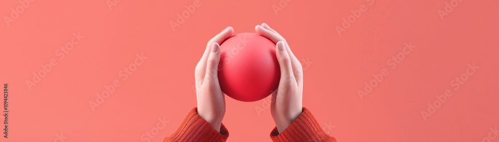 Concept of depression sadness diagnosis. A pair of hands gently holding a pink ball against a soft coral background, conveying a sense of warmth and playfulness. Concept of depression sadness diagnosis. A pair of hands gently holding a pink ball against a soft coral background, conveying a sense of warmth and playfulness.