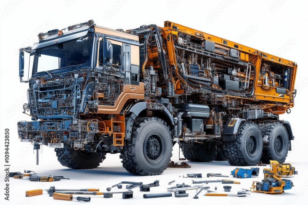 Exploded view of truck, showing internal components and tools. Exploded view of truck, showing internal components and tools.