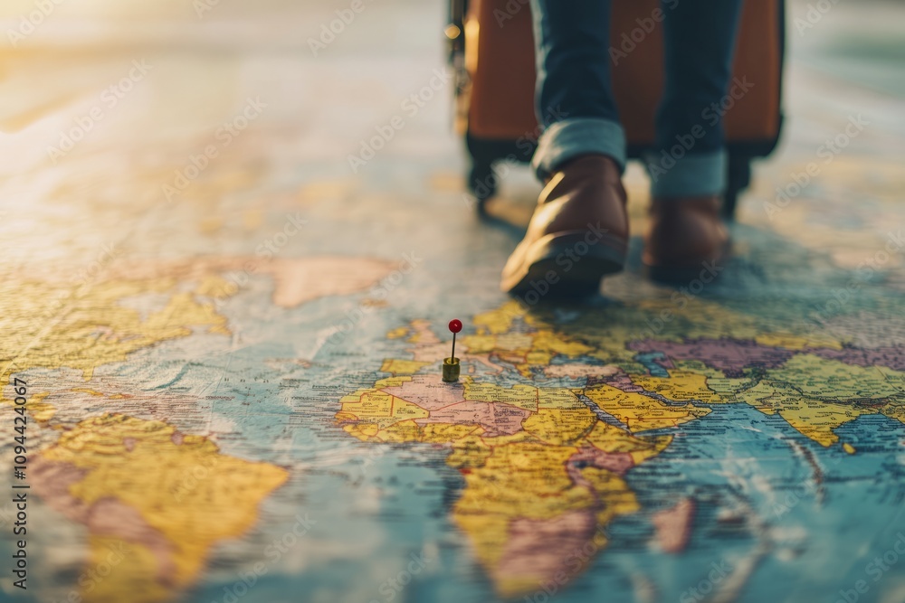 a solo traveler walking on a world map, carrying a travel suitcase , traveling, wanderlust, exploring the world ,around the world a solo traveler walking on a world map, carrying a travel suitcase , traveling, wanderlust, exploring the world ,around the world
