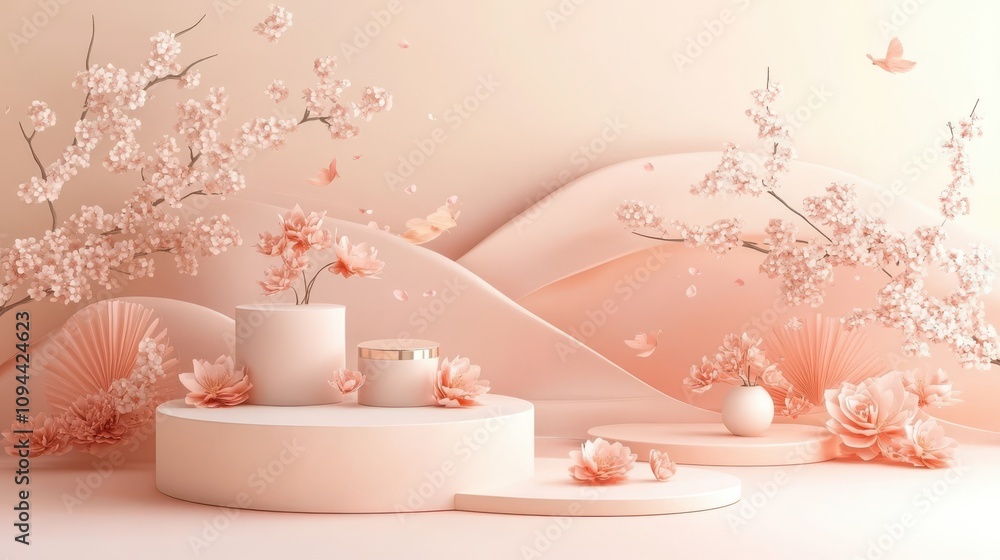 Spring-themed cosmetic podium with sakura decoration on pastel peach walls Spring-themed cosmetic podium with sakura decoration on pastel peach walls