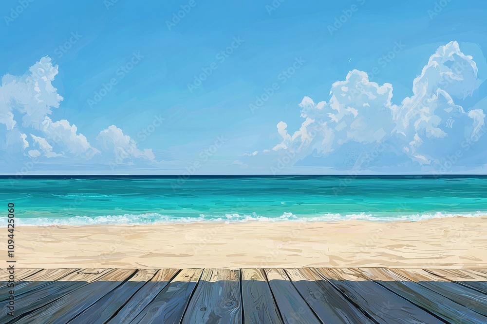 Fototapeta premium Tranquil Beach Escape: A picturesque scene of a pristine beach with azure waters, white sand, and a wooden boardwalk leading to the horizon. The sky is a vibrant blue with fluffy white clouds.