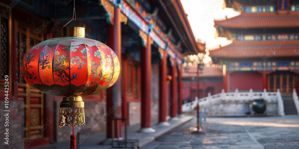 Obraz premium Traditional red and gold lantern with intricate patterns and glowing light 