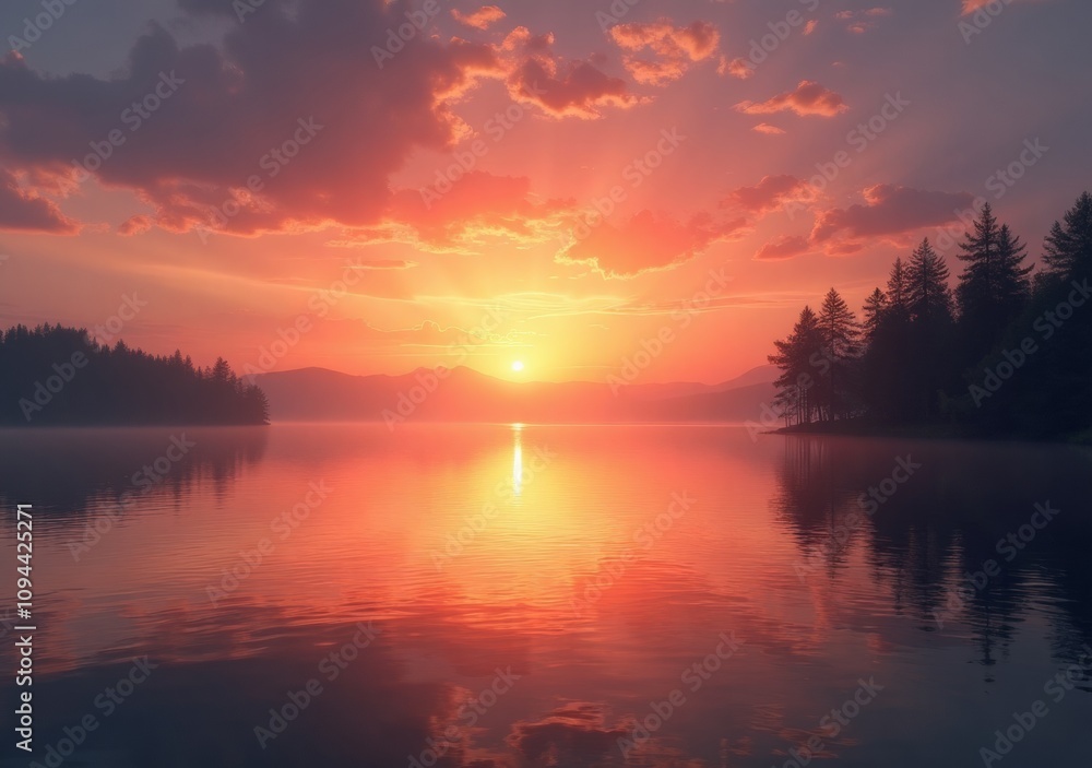 Obraz premium Beautiful sunset over tranquil lake with silhouetted trees and vibrant colors