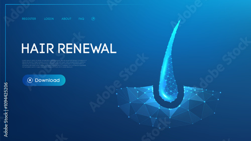 Polygonal glowing hair follicle on a blue gradient background emphasizing hair therapy or dermatological care