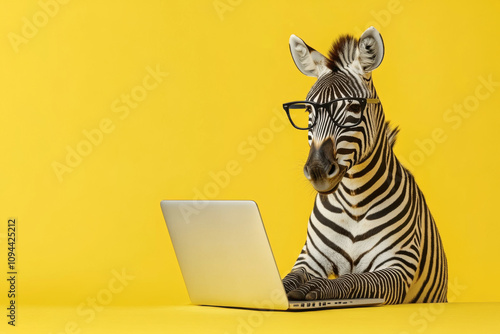 A zebra with glasses is working on a laptop on a bright yellow background photo