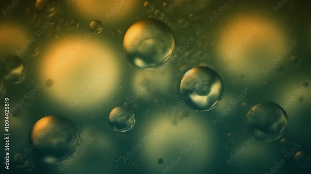 Abstract image of floating spheres in green and gold tones Abstract image of floating spheres in green and gold tones