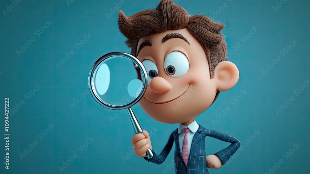 A cheerful animated young boy, with brown hair and a mischievous smile, examining a magnifying glass in a smart suit. A cheerful animated young boy, with brown hair and a mischievous smile, examining a magnifying glass in a smart suit.