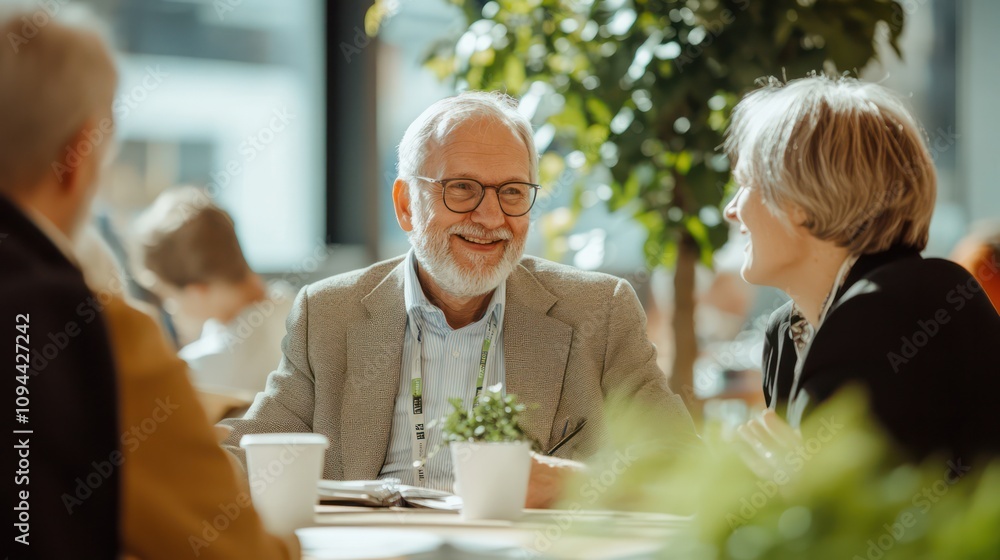 European retiree discussing green investment options in a sustainable finance forum in Helsinki, Finland