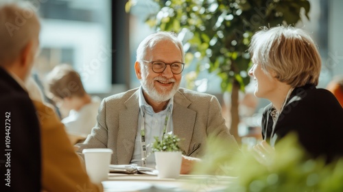 European retiree discussing green investment options in a sustainable finance forum in Helsinki, Finland photo