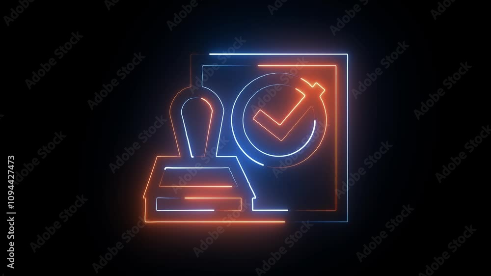 Neon Stamp Icon With Check Mark On Dark Background Neon Stamp Icon With Check Mark On Dark Background