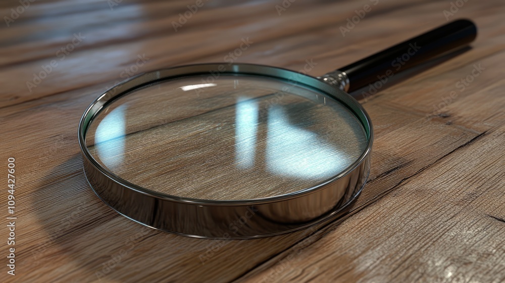 A shiny magnifying glass rests on a rustic wooden surface, reflecting soft light and creating a sense of curiosity and investigation. A shiny magnifying glass rests on a rustic wooden surface, reflecting soft light and creating a sense of curiosity and investigation.