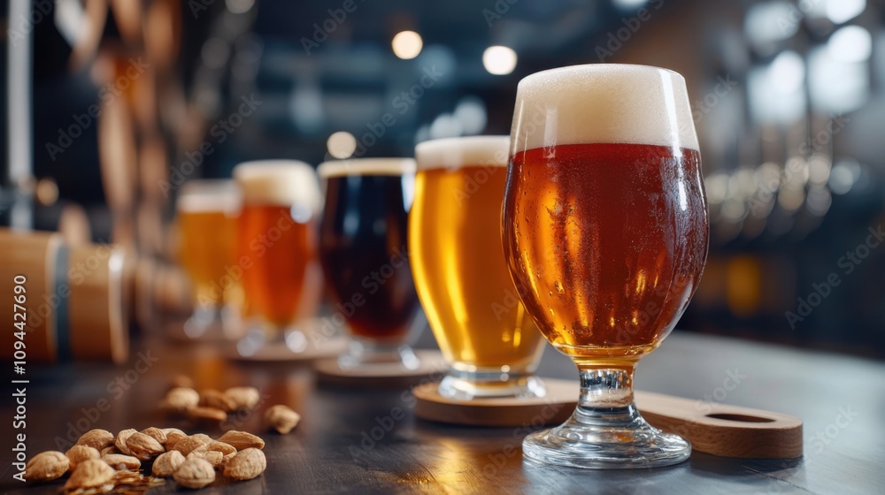 Assorted Craft Beers in Glasses on Bar Counter Assorted Craft Beers in Glasses on Bar Counter