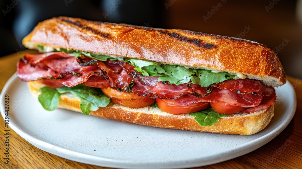 Freshly Made Sub Sandwich with Layers of Bacon, Tomato, Lettuce, and Creamy Sauce Served on a Lightly Toasted Hoagie Roll for a Delicious Lunch Experience Freshly Made Sub Sandwich with Layers of Bacon, Tomato, Lettuce, and Creamy Sauce Served on a Lightly Toasted Hoagie Roll for a Delicious Lunch Experience