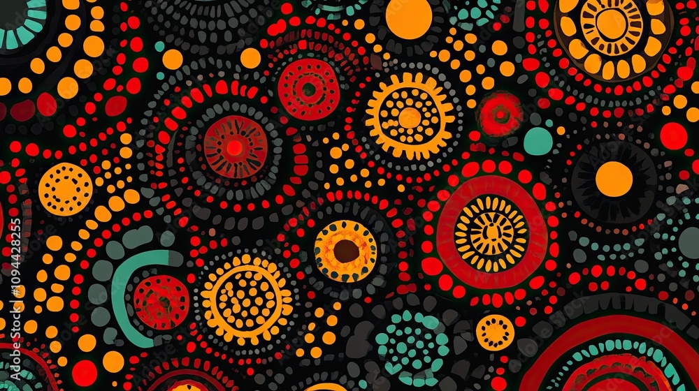 Colorful abstract pattern featuring vibrant circles in red, orange, green, and black tones. Colorful abstract pattern featuring vibrant circles in red, orange, green, and black tones.