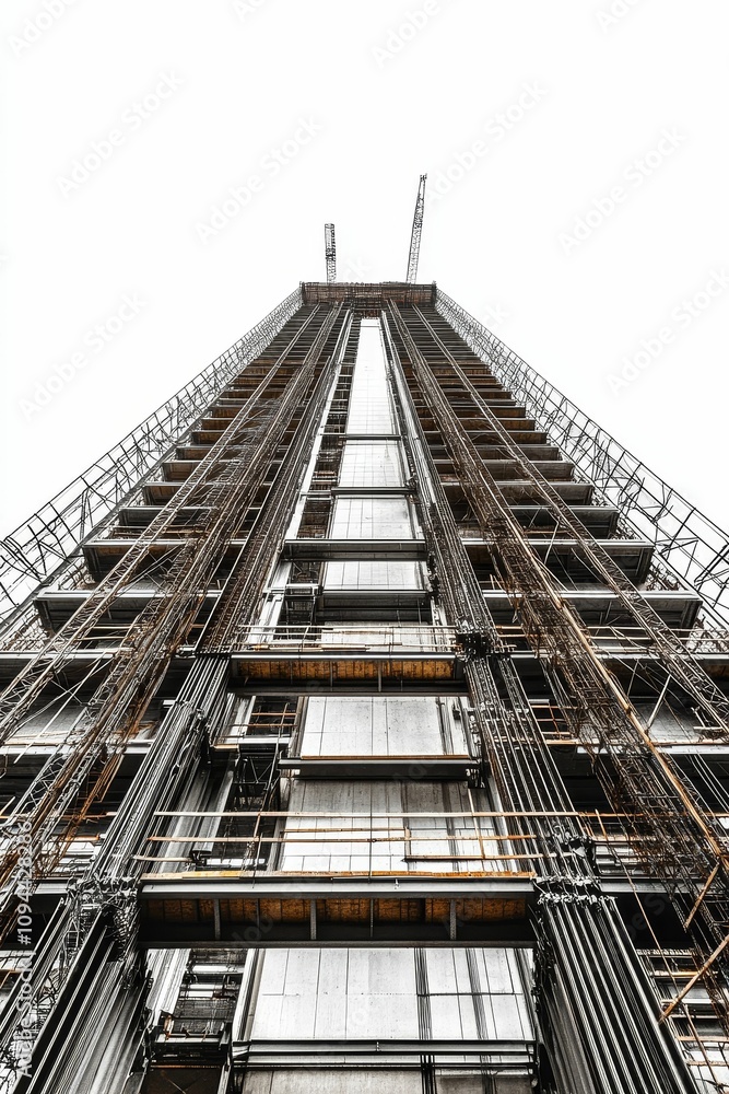 Fototapeta premium Tall building under construction, scaffolding, cranes.
