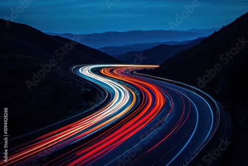 Winding Road of Progress: A mesmerizing long exposure photograph of a winding highway at night, the glowing streaks of headlights paint a dynamic and abstract path through the landscape.