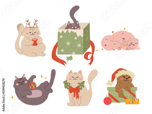 Christmas cats set. Cute pets play with garland and toys. Hand drawn vector flat illustration.