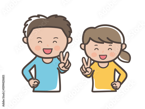 笑顔でピースサインをする若い男女カップルの上半身イラスト