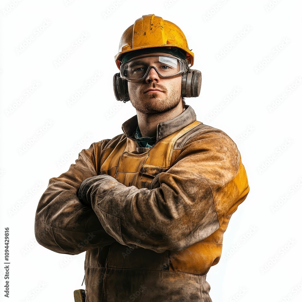Grimy worker, arms crossed, protective gear. Grimy worker, arms crossed, protective gear.