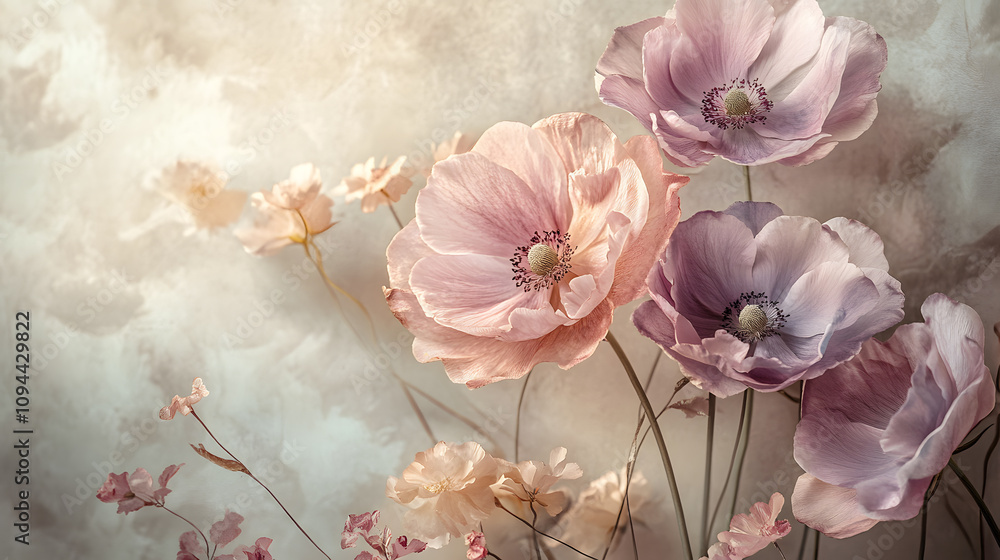 A cluster of delicate pink and purple poppies bloom against a soft, textured background. A cluster of delicate pink and purple poppies bloom against a soft, textured background.