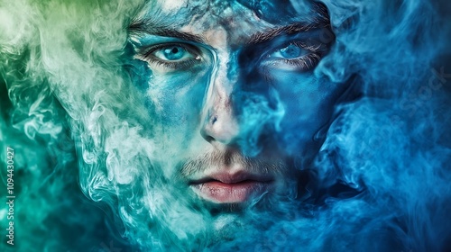 Mystical Portrait with Blue and Green Smoke. AI Generated