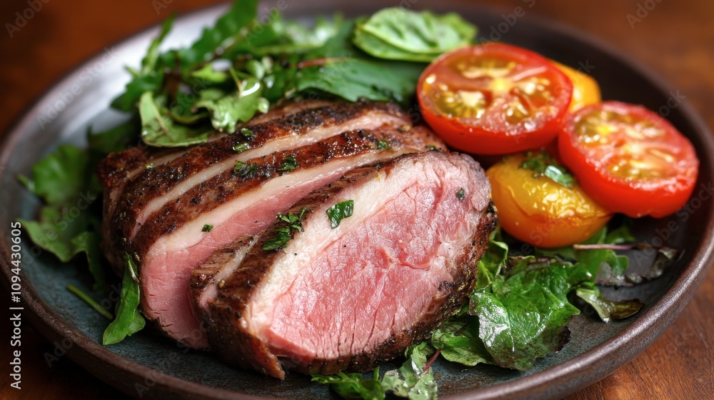 Deliciously Cooked Sliced Steak Served on a Plate with Fresh Greens and Roasted Tomatoes Garnished with Herbs for a Gourmet Dining Experience Deliciously Cooked Sliced Steak Served on a Plate with Fresh Greens and Roasted Tomatoes Garnished with Herbs for a Gourmet Dining Experience