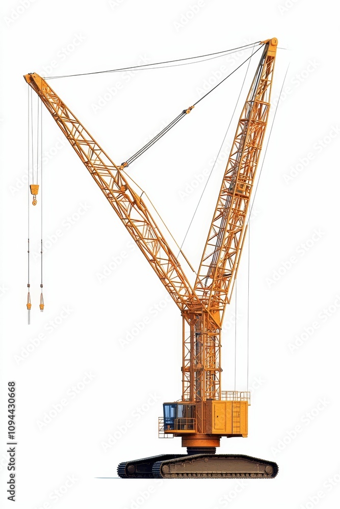 Fototapeta premium Large yellow crane, tracked base, lifting cables.