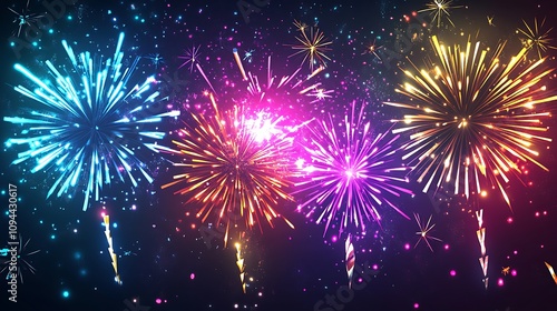 Digital fireworks bursting in an array of vibrant neon hues, glowing countdown in the center with crisp white edges, high-tech futuristic setting, colorful explosions lighting up the screen