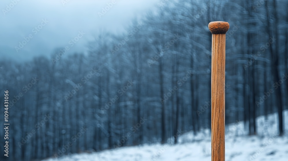 A Sturdy Wooden Hiking Stick Standing Alone Amidst a Misty Snow-Covered Forest Landscape. Woodwork, Carpentry, Natural Concept A Sturdy Wooden Hiking Stick Standing Alone Amidst a Misty Snow-Covered Forest Landscape. Woodwork, Carpentry, Natural Concept