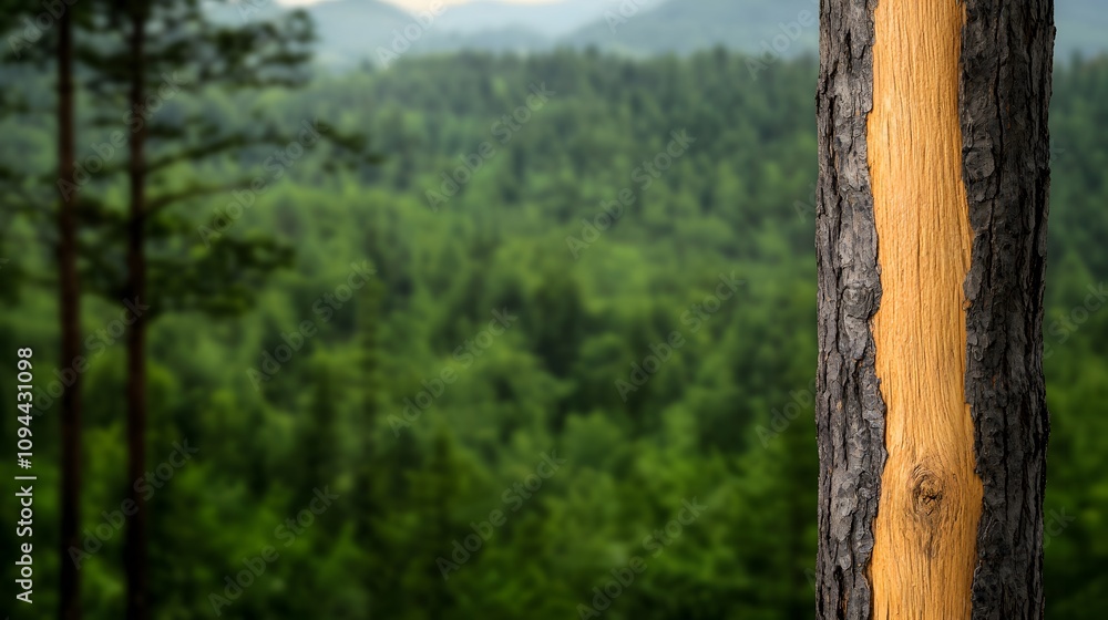 Obraz premium Captivating Contrast: The Beauty of Golden and Dark Tree Bark in a Scenic Green Forest Landscape. Woodwork, Carpentry, Natural Concept