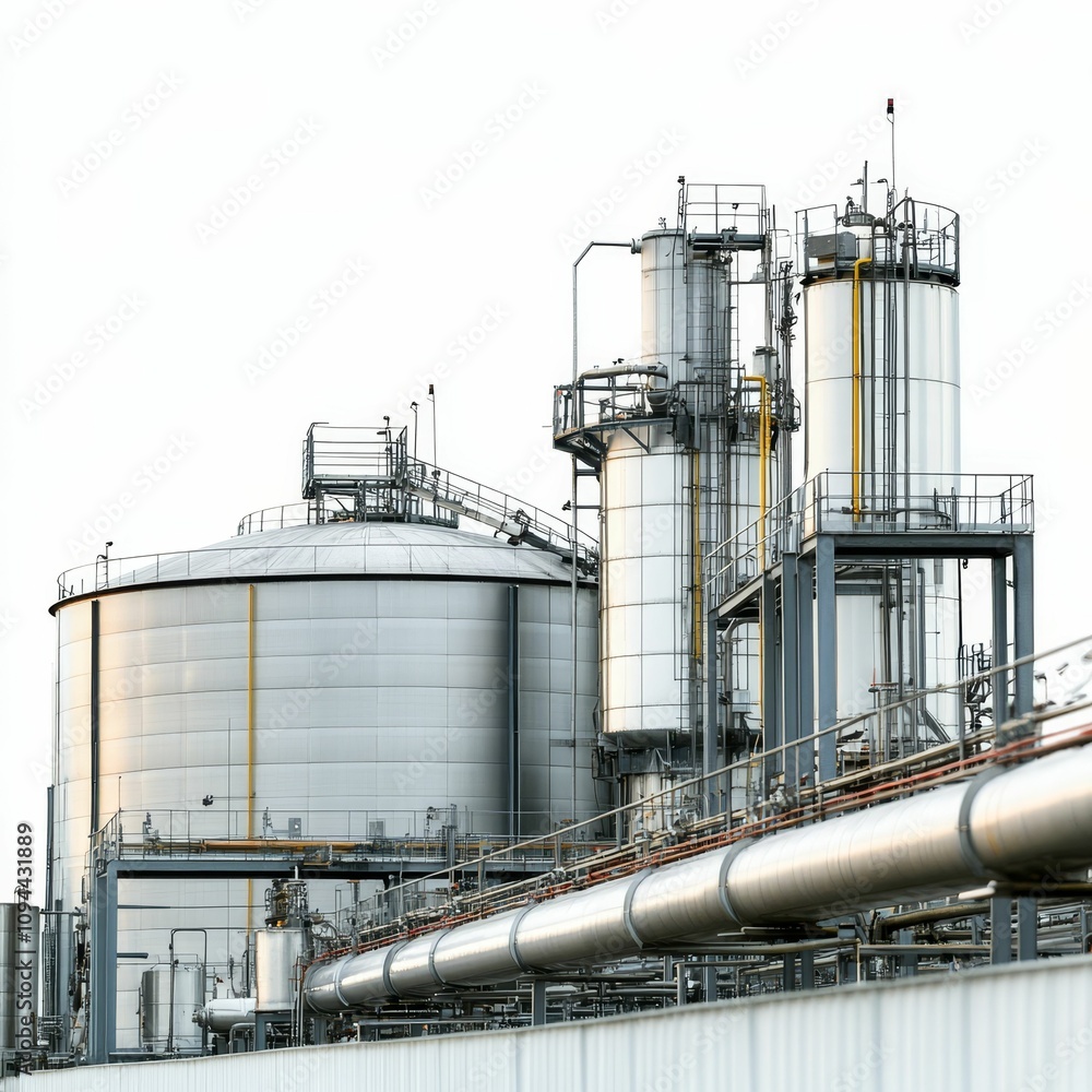 Industrial plant; large tanks, pipes, and equipment.