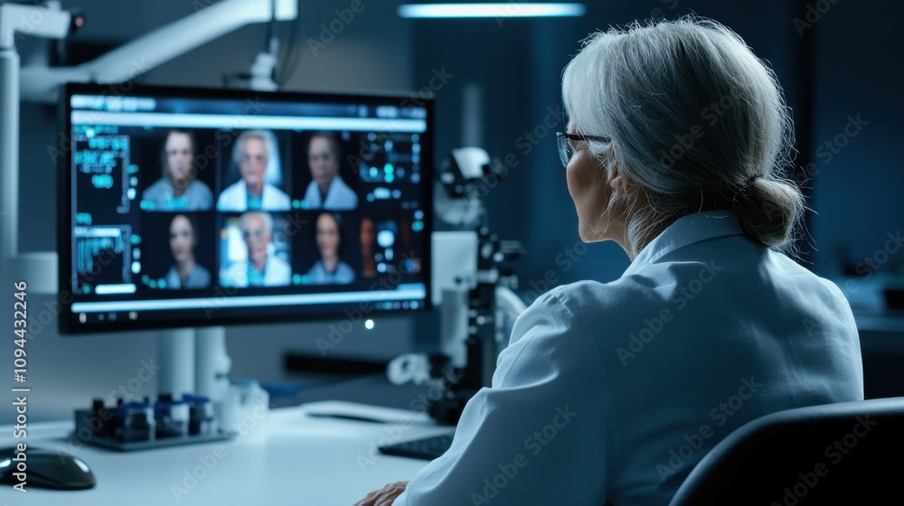 Female doctor conducting scientific video conference using computer talking to other doctors on screen Female doctor conducting scientific video conference using computer talking to other doctors on screen
