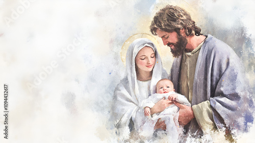 The Holy Family Mary, Joseph and baby Jesus Digital watercolor painting cute soft watercolor painting on white backgorund with copy space jesus, pray, spirituality, hope, passion, spiritual, believe, photo