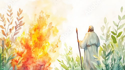 Watercolor painting of Moses in front of the burning bush cute soft watercolor painting on white backgorund with copy space jesus, pray, spirituality, hope, passion, spiritual, believe, holy, belief, photo