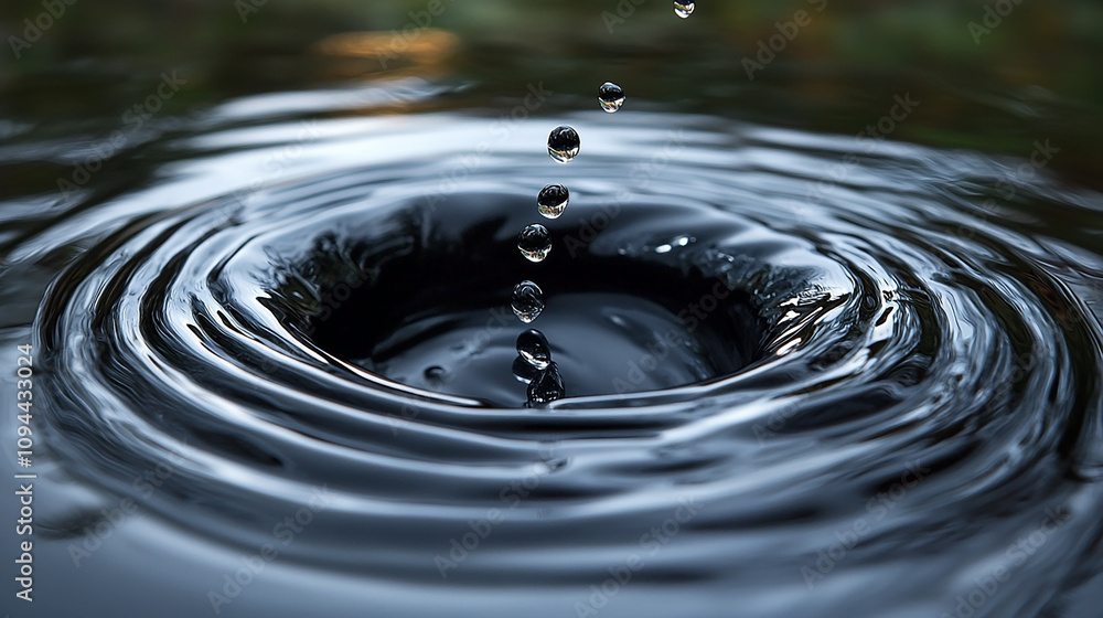 close-up of a water droplet falling into a pool of dark liquid, creating ripples that radiate outward. close-up of a water droplet falling into a pool of dark liquid, creating ripples that radiate outward.
