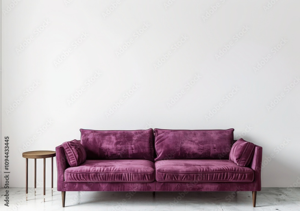 A luxurious purple velvet sofa with gold legs sits in a minimalistic room with a side table and a white wall A luxurious purple velvet sofa with gold legs sits in a minimalistic room with a side table and a white wall