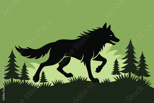 Vector silhouette of wolf running in the grass in forest