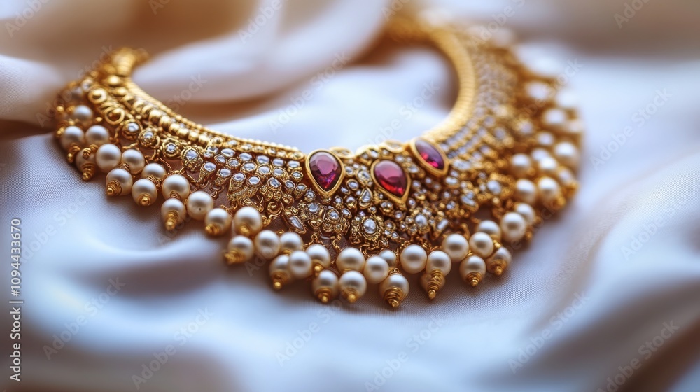 Elegant Gold Necklace with Pearls and Red Gemstones on a Soft Silk Fabric, Showcasing Artisan Craftsmanship and Timeless Beauty for Fashion and Jewelry Enthusiasts Elegant Gold Necklace with Pearls and Red Gemstones on a Soft Silk Fabric, Showcasing Artisan Craftsmanship and Timeless Beauty for Fashion and Jewelry Enthusiasts