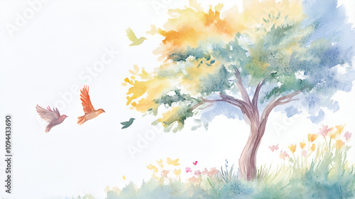 Tree of Life, symbolising Eternal life, connection to God Christian symbols and icons Digital illustration cute soft watercolor painting on white backgorund with copy space jesus, pray, spirituality, photo