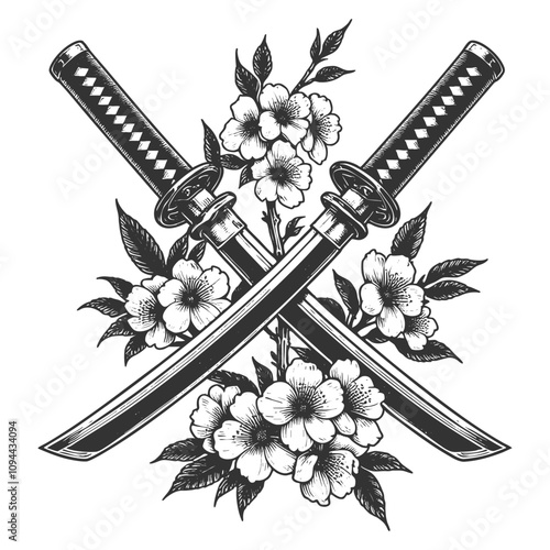 crossed katana swords with cherry blossom flowers. Tattoo design symbolizing strength and beauty in Japanese culture sketch engraving generative ai vector illustration. Black and white image.
