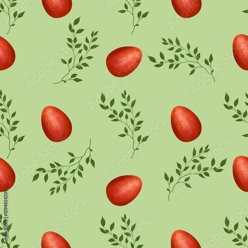 Red Easter Egg with Brunch on Green Background Seamless Pattern