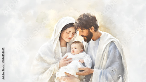 The Holy Family Mary, Joseph and baby Jesus Digital watercolor painting cute soft watercolor painting on white backgorund with copy space jesus, pray, spirituality, hope, passion, spiritual, believe, photo