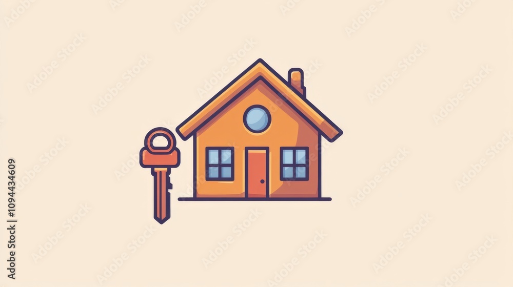 House key icon paired with a stylized house for real estate House key icon paired with a stylized house for real estate
