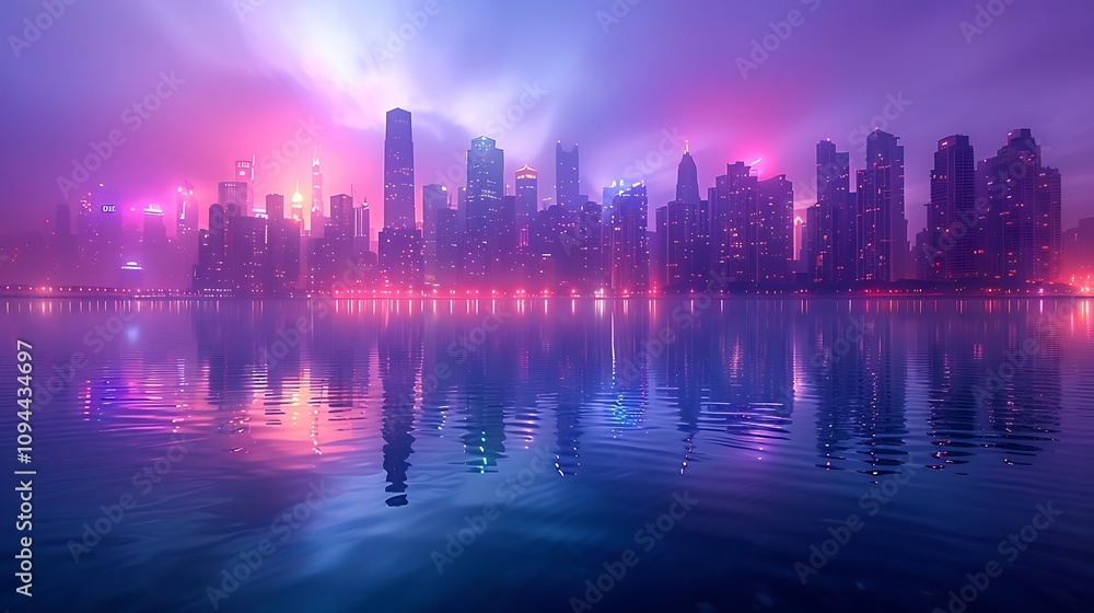Fototapeta premium City skyline at dusk with lights reflecting on water